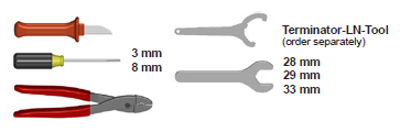 3mm knife, 8mm screwdriver, pliers, Terminator-LN-Tool